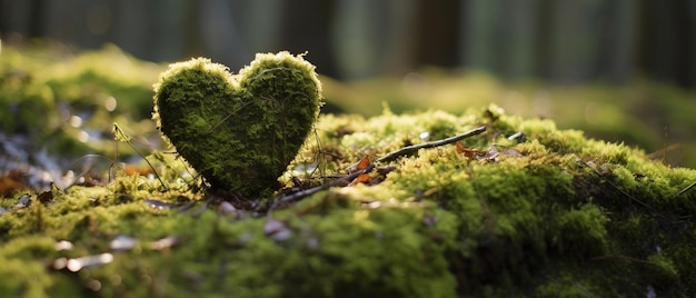 Une forêt avec un cœur posé sur de la mousse