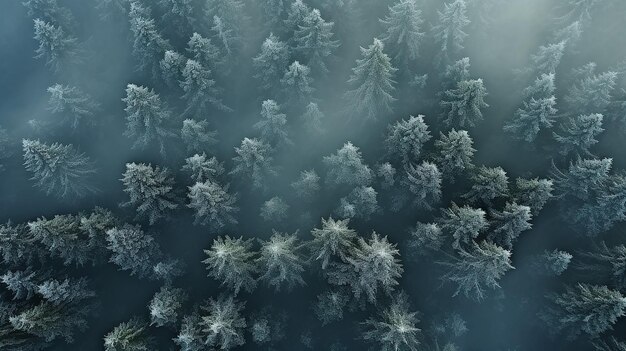 La forêt de conifères froide du nord est couverte de gel et de neige. Le paysage est une vue aérienne.