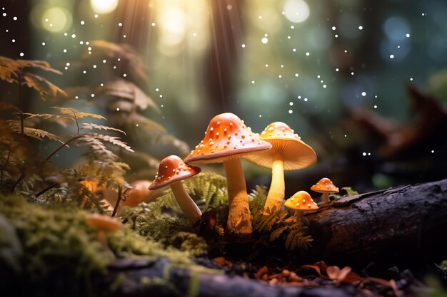 Forêt de conte de fées enchantée fantastique avec des champignons magiques Belle photo macro de mushr magique