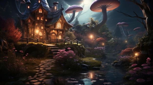 Forêt de conte de fées fantastique avec fenêtre brillante magique d'elfe enchanté ou maison de gnome en creux de p