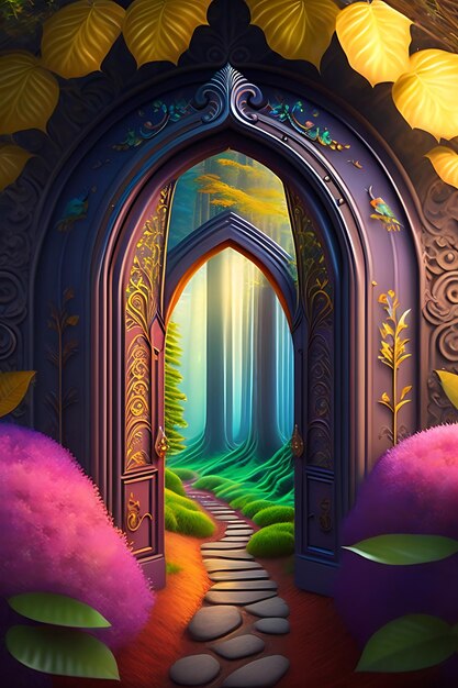 Forêt de conte de fées fantastique avec portes magiques