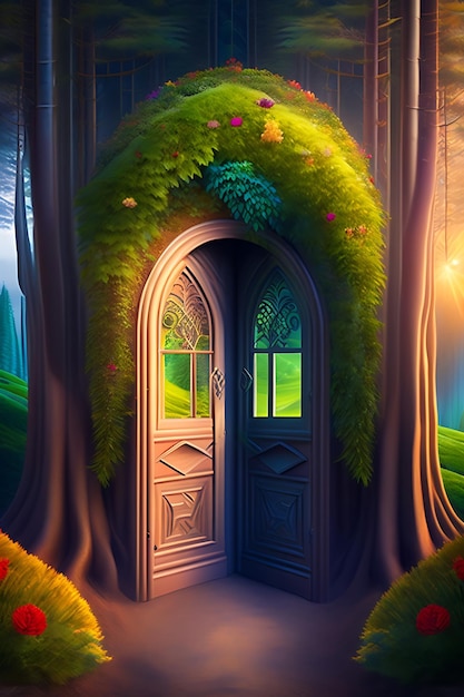 Forêt de conte de fées fantastique avec portes magiques