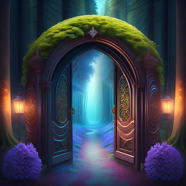 Photo forêt de conte de fées fantastique avec portes magiques
