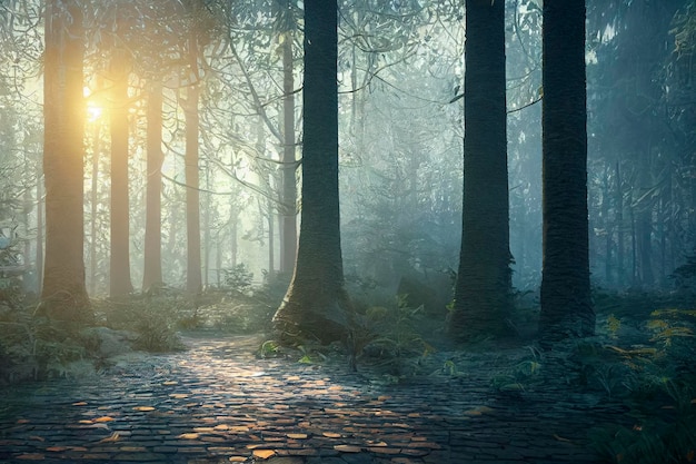 Forêt de conte de fées magique forêt de conifères recouverte d'atmosphère mystique de mousse verte