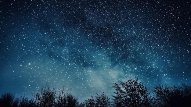 Forêt contre le ciel nocturne ou Star Field At Night toile de fond de silhouettes d'arbres AI générative