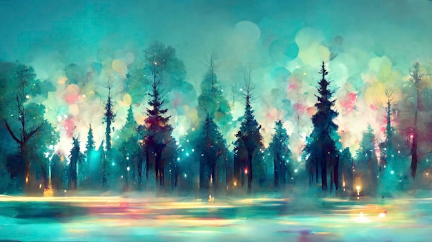 Forêt de couleurs magiques brumeuses