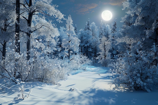 Une forêt couverte de neige éclairée par la lune.
