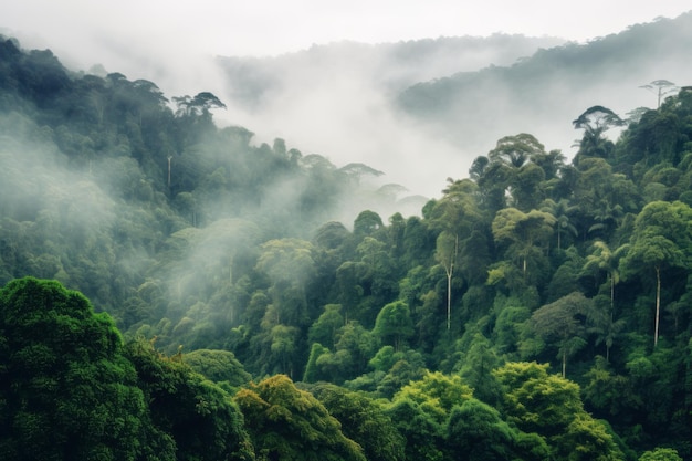 Une forêt avec une couverture nuageuse