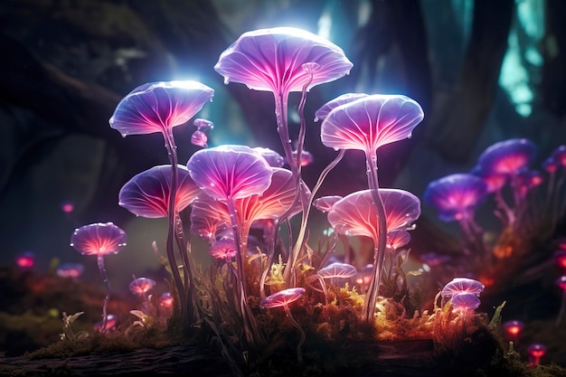 Une forêt de cristaux extraterrestres bioluminescents avec des fleurs plantes carnivores bioluminescentes AI Generative