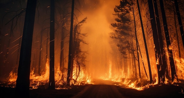 Forêt danger arbres rouges bois brûlant flammes catastrophe chaleur sauvage feu sauvage fumée feu destruction écologie dommages chauds nature flammes environnement orange