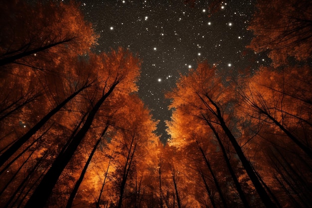 une forêt dans les bois sous le ciel nocturne d'automne