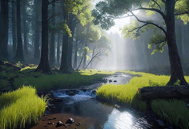 forêt dans un brouillard dense et épais avec la réflexion des rayons du soleil pénétrant à travers le feuillage