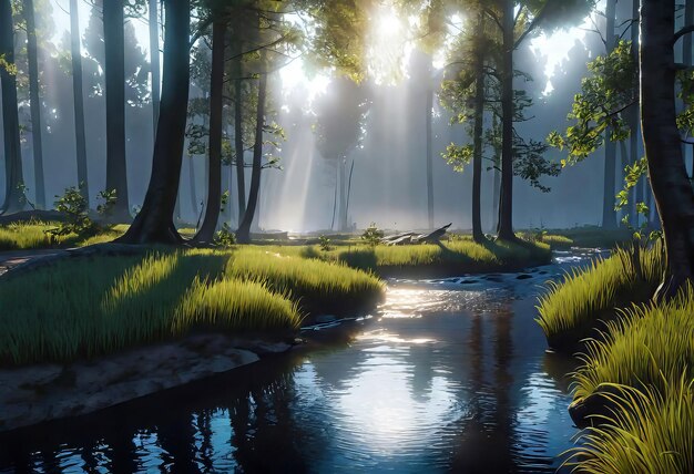 forêt dans un brouillard dense et épais avec la réflexion des rayons du soleil pénétrant à travers le feuillage