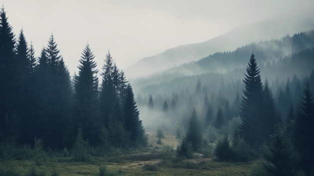 Forêt dans la brume matinale dans la montagne Cime d'épicéa dans le brouillard AI générative