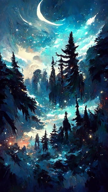 Forêt dans l'illustration 3D du ciel étoilé de nuit