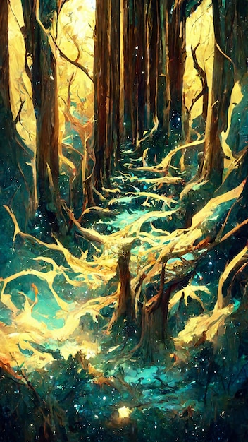 Forêt dans l'illustration 3D du ciel étoilé de nuit