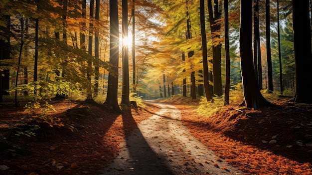 Une forêt dense avec un feuillage vibrant et de longues ombres