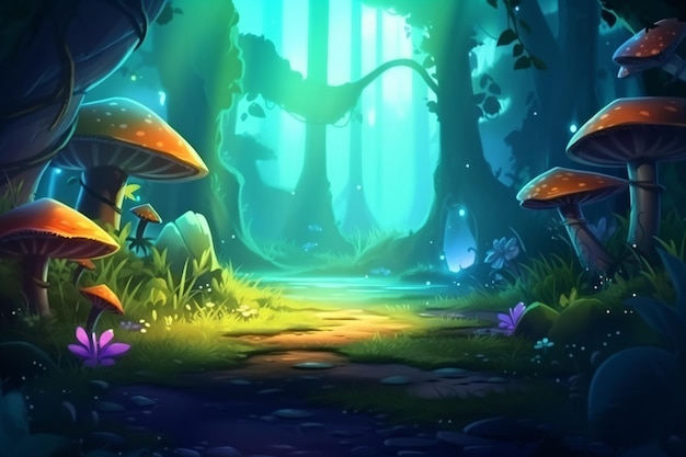 une forêt de dessin animé avec des champignons et un chemin