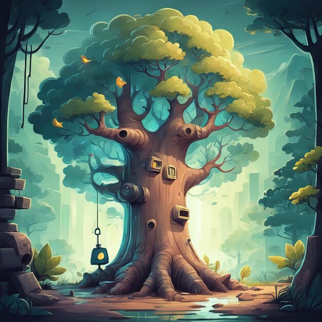 forêt de dessins animés avec grand arbre et maison en bois illustrationune photo verticale d'un arbre avec beaucoup de di