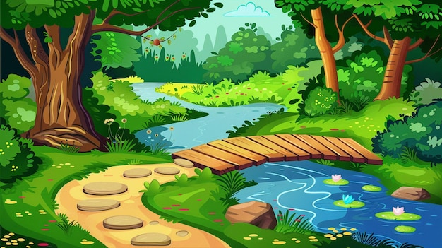 Forêt de dessins animés vectoriels avec une aire de jeux capricieuse et des enfants heureux