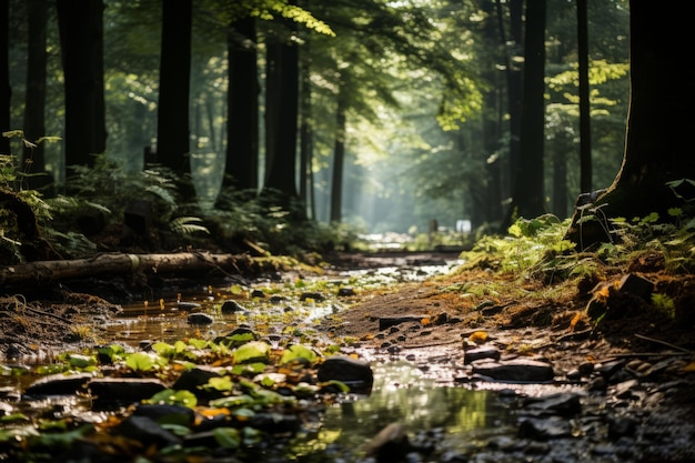 Une forêt éclairée par le soleil avec des feuilles d'IA générative