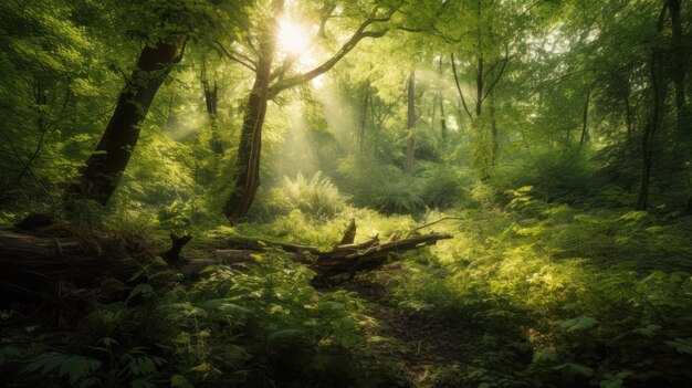 Une forêt avec un éclat de soleil en arrière-plan