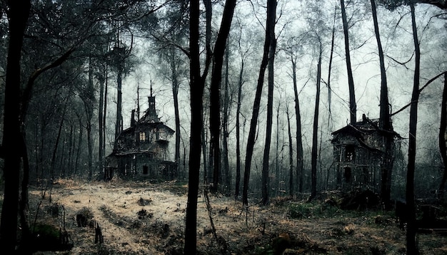 Forêt effrayante avec deux maisons voisines abstraites peinture numérique hautes vieilles cabanes effondrées altérées mystérieuse forêt d'horreur avec brouillard lieu de conte de fées toiles d'araignées et araignées