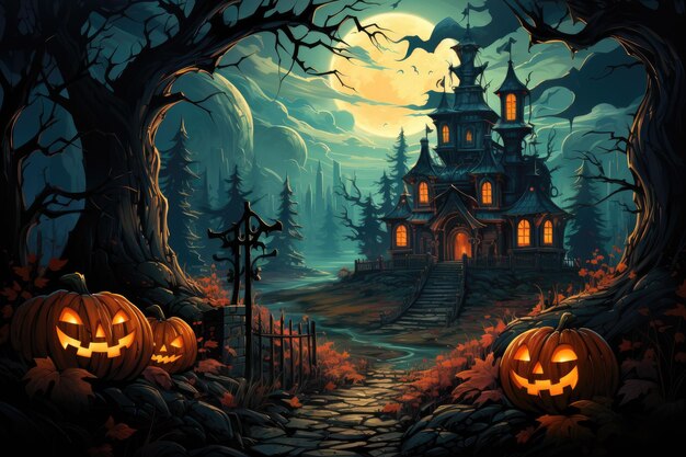Une forêt effrayante et effrayante avec une lune de chauve-souris citrouille lors d'une nuit d'Halloween effrayante Ai générative