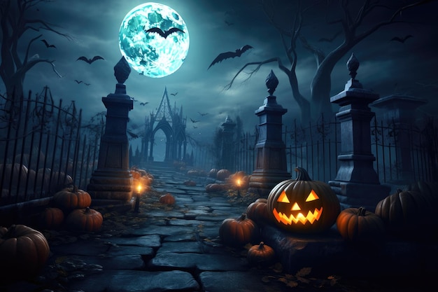 Une forêt effrayante et effrayante avec une lune de chauve-souris citrouille lors d'une nuit d'Halloween effrayante Ai générative