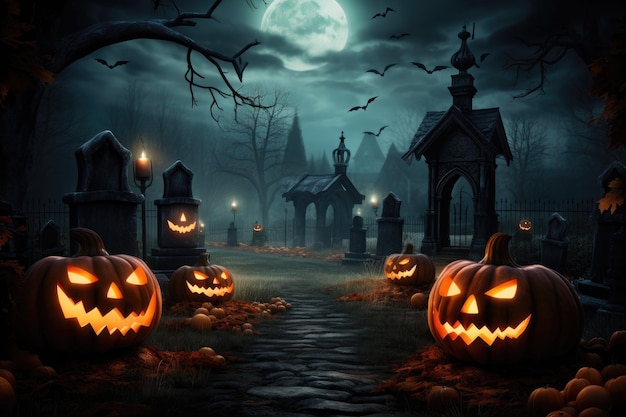 Une forêt effrayante et effrayante avec une lune de chauve-souris de citrouille sur une nuit effrayante d'Halloween