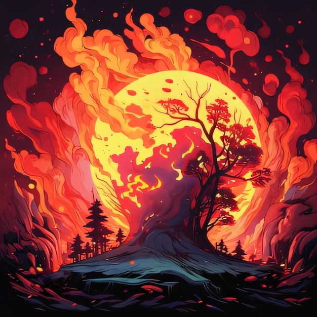 Photo forêt effrayante avec feu et grande lune rouge illustration vectorielle