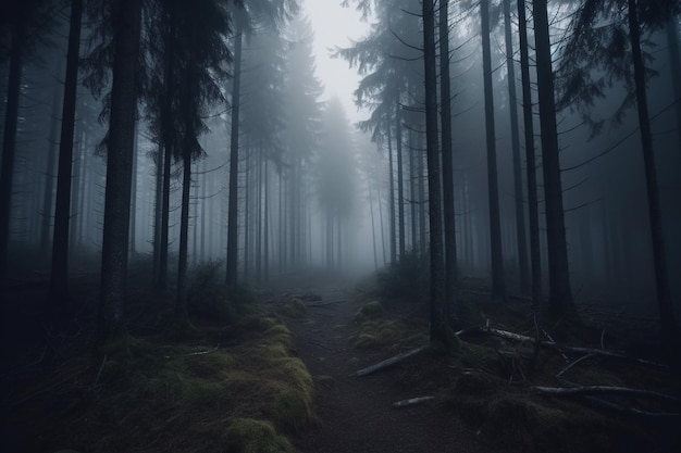 Forêt effrayante de pins sombres et brumeux