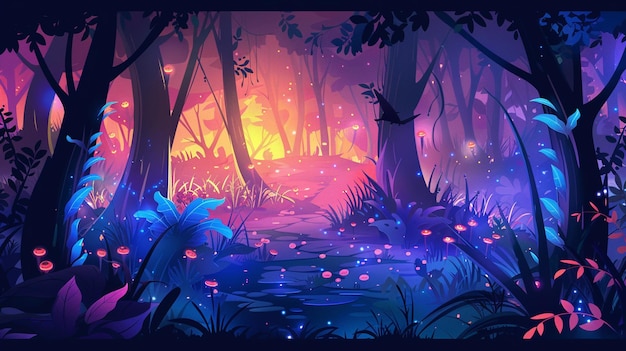 Forêt enchantée de dessins animés vectoriels avec des plantes lumineuses et des créatures mystérieuses