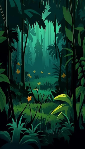 Forêt enchantée luxuriante et toile de fond naturelle sereine dans le style de dessin animé vectoriel vert foncé 4K