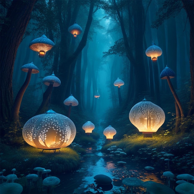 Photo forêt enchantée mystique avec des lanternes flottantes et des champignons brillants