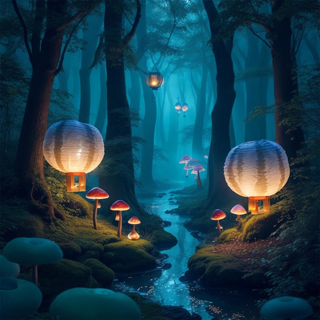 Photo forêt enchantée mystique avec des lanternes flottantes et des champignons brillants