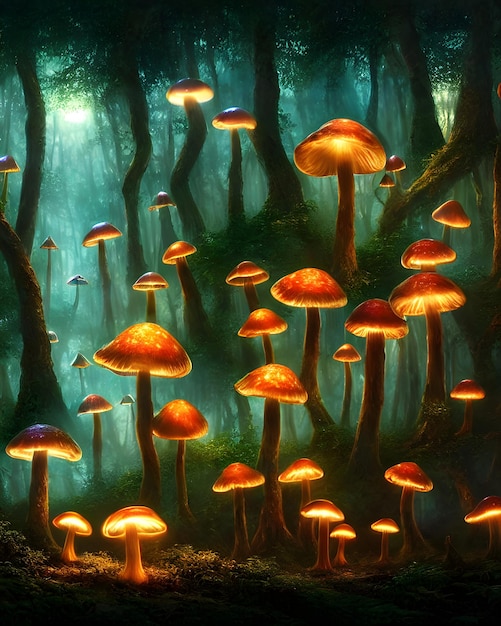 une forêt enchantée la nuit éclairée par des champignons incandescents fantaisie surréalisme illustration 3d