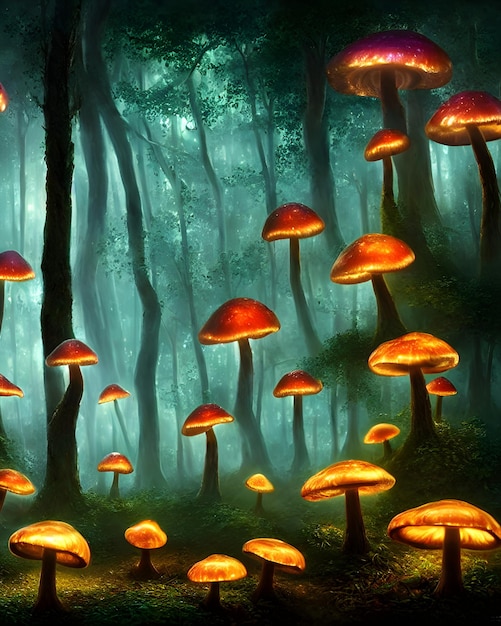 une forêt enchantée la nuit éclairée par des champignons incandescents fantaisie surréalisme illustration 3d