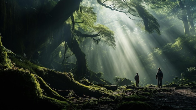 Photo une forêt enchantée avec des rayons de soleil et des explorateurs