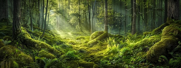 Une forêt enchantée tranquille et mystique avec un sol couvert de mousse et d'une verdure luxuriante.