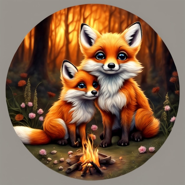 Forêt enchantée Trio Baby Foxes by the Campfire