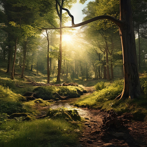 Forêt enchanteresse avec lumière du soleil Generative Ai