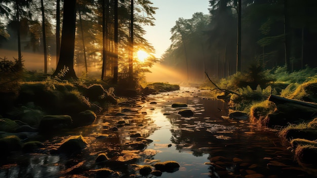 Forêt enchanteuse baignée dans le lever du soleil Lumière douce et sereine Commence un nouveau jour