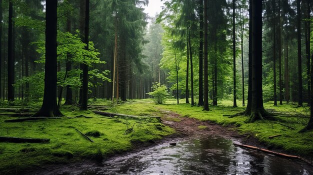 Photo une forêt enchanteuse du pays de galles un paysage romantique de mousse verte et de brume