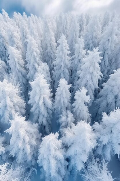Une forêt enneigée avec un ciel bleu et de la neige blanche.