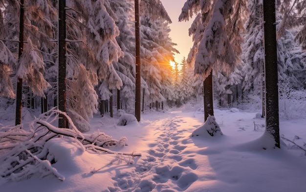 Une forêt enneigée avec un coucher de soleil en arrière-plan