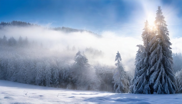 Une forêt enneigée énigmatique dans la Forêt Noire avec un brouillard brumeux s'élevant un paysage hivernal obsédant enveloppé i