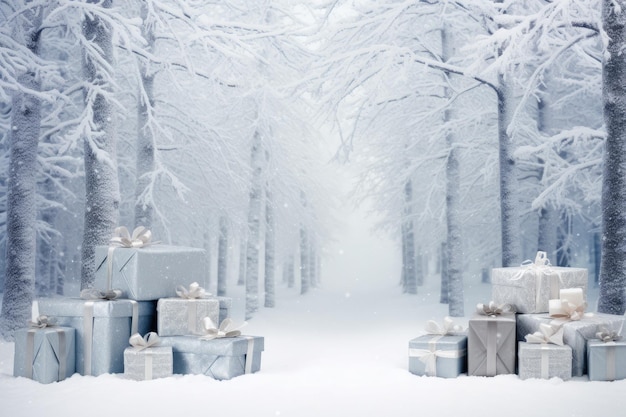 Forêt enneigée d'hiver avec des cadeaux de Noël