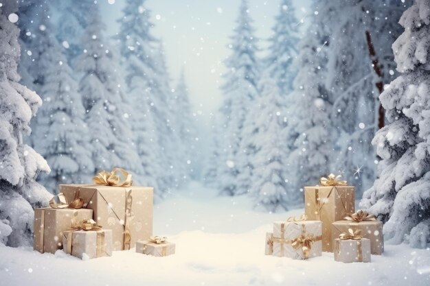 Forêt enneigée d'hiver avec des cadeaux de Noël