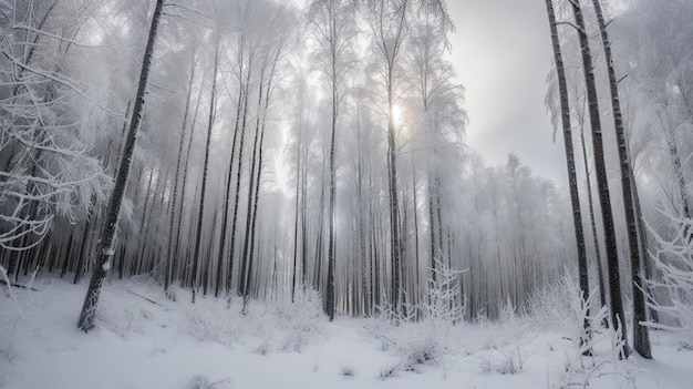 Forêt enneigée en hiver avec le soleil qui brille à travers les arbres